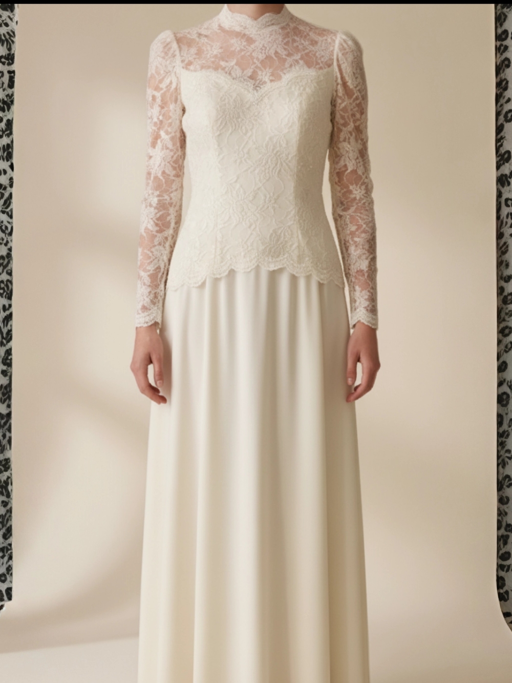 Vtg. Late 80s Drop Waist Lace Top With Pearl beading Ivory Wedding Gown Size 14